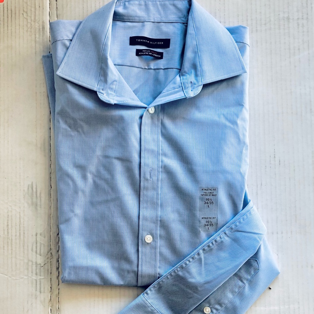 Tommy Hilfiger Men’s Slim Fit Th Flex Collar Dress Shirt, Cobalt, 16 1/2- 34/35